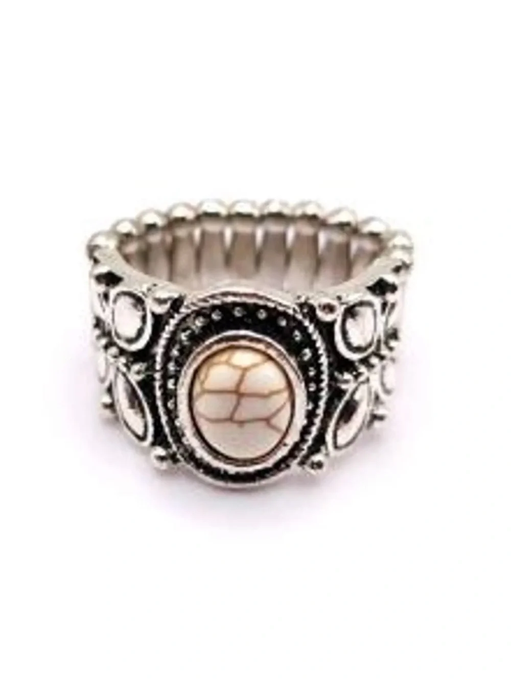 Silver-Tone White Stone Floral Band Ring - Women Jewelry